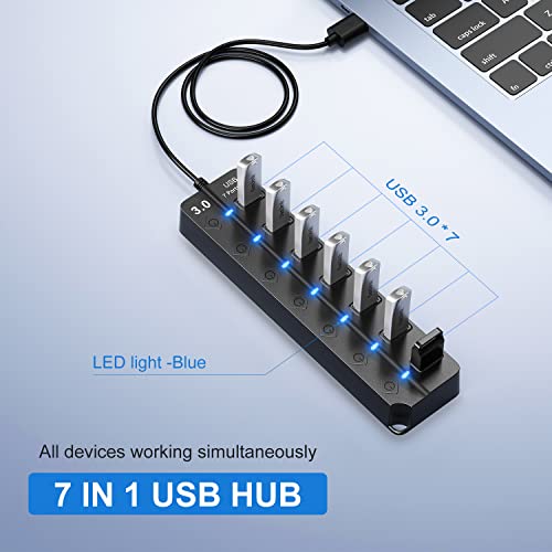 USB Hub 7 Port, USB Splitter with Individual On/Off Switches and Lights. - color: Black