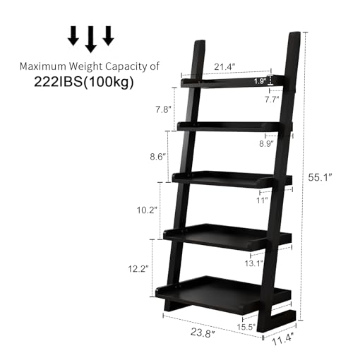 AQIMUELE Black Wooden Ladder Shelf with Edges, 5-Tier Modern Leaning Bookshelf Ladder – Stylish Space-Saving Bookcase for Living Room, Bedroom & Home Office - color: Black, size: 5-Tier