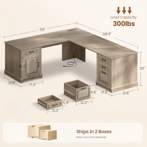 SEDETA 69" Farmhouse L Shaped Corner Desk with Drawers for Home Office - color: Grey, size: L Shaped Desk