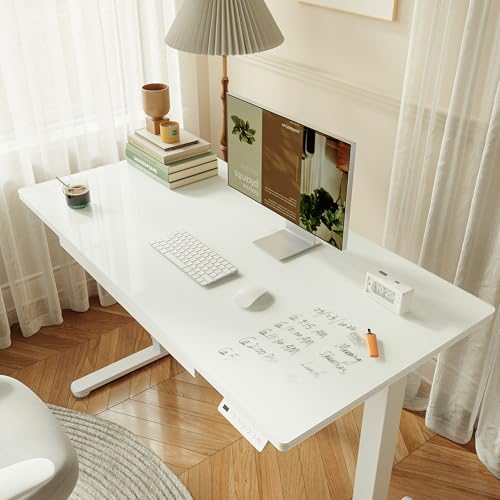 BANTI 48"x24" Standing Desk with Glass Top, Height Adjustable Computer Desk with Drawer, One-piece Rising Home Office Desks with Positon Memory, Sit Stand Up Electric Workstation Table, White