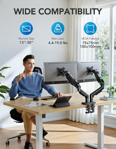 HUANUO FlowLift™ Dual Monitor Stand, Fully Adjustable Gaming Monitor Desk Mount for 13–30″ Computer Screens, Full Motion VESA 75x75/100x100 with C-Clamp & Grommet Base, Each Arm Holds 4.4 to 19.8 lbs - color: Black, size: 13-30 Inch