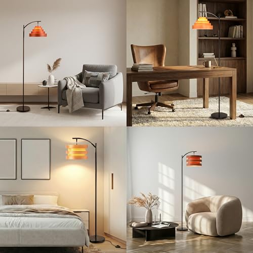 O’Bright Strata Wooden Floor Lamp - Mid Century Modern Standing Lamp with Layered Wood Shade, Tall Reading Lamp for Living Room, Bedroom, Office, Antique Brass, Dark Oak, Cascade Shade - color: Antique Brass-Dark Oak-Cascade