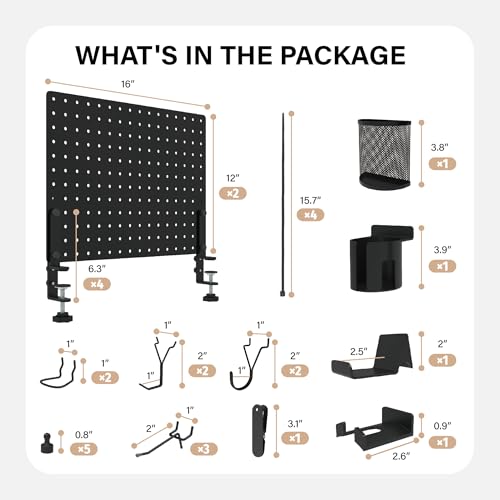 HUHOLE 32 x 12 Inch Clamp On Desk Pegboard Complete Kit | No Drill Metal Privacy Panel and Organizer with Accessories for Home Office, Gaming Setup, Cables and Supplies