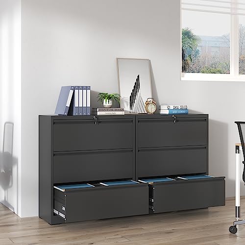 IKIMI Lateral File Cabinets 3 Drawers,Black Metal Filing Cabinet for Office - color: Black, size: 15.7"D x 35.4"W x 40.4"H