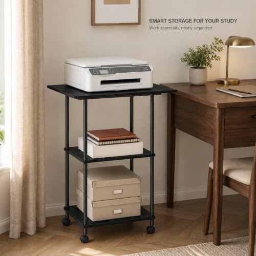 Black Large Printer Stand with Storage 3 Tier Rolling Printer Cart - color: Black