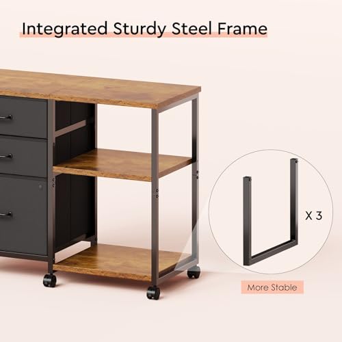 Maihail 3 Drawer File Cabinet with Wheels Rolling Printer Stand with Open Storage Shelf Fabric Lateral Filing Cabinet for Home Office,Rustic Brown - color: Brown