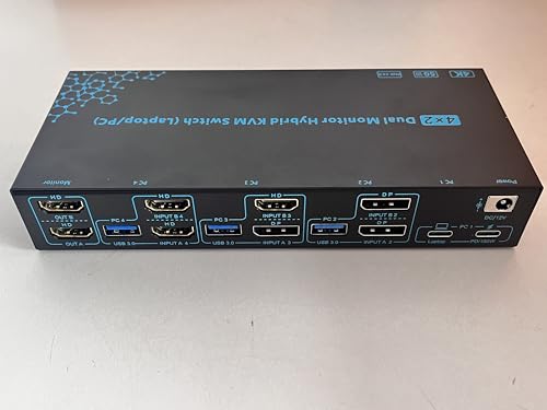 2 Monitors 4 Computers KVM Switch Laptop and Desktop 4 Port Hybrid USB-C Docking & Dual Displayport & DP HDMI & Dual HDMI 4K@60Hz KVM Switch with EDID Emulator, Support PD 100W Charging - color: Black-02, size: 18cm