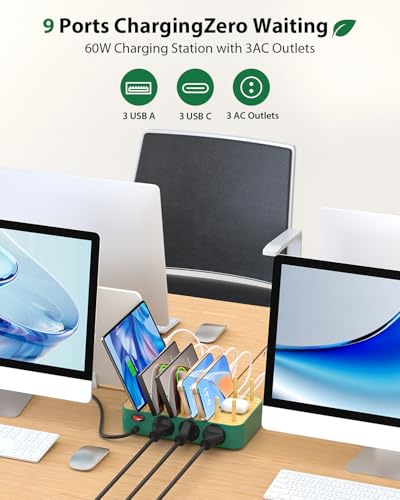 Bamboo USB-C Charging Station for Multiple Devices,60W 6 Port Charing Dock with 3 AC Outlets, 3 USB C, 3 USB A,6.6ft Power Cord for lPhone,lPad,Tablets (6 Mixed Cables Included),Green - color: Green