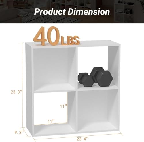 4-Cube Bookshelf, Open Back Storage Shelves, Heavy Duty Wood Cubby Organizer for Small Spaces, Dorm Room Apartment Office, Unit for Book Toy Record Player Display (White, 4-Cube) - size: 4-Cube