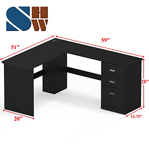 SHW L-Shaped Home Office Wood Corner Desk w/Box Box File Drawers, Black - color: Black
