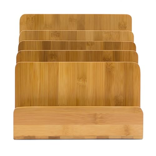 Bamboo Mail Organizer - File Holder Sorter for Letter and Folder Document Storage, Envelope Organization with 5 Slots for Office Desk, Countertop, Home Bill