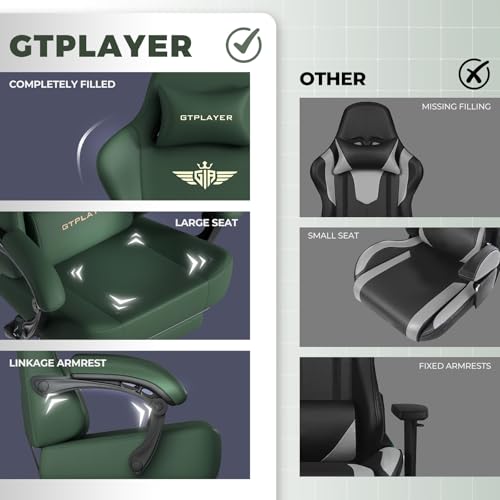 GTPLAYER Big and Tall Gaming Chair 400lbs Heavy Duty Office Chair with Footrest, High Back Pocket Spring Ergonomic Computer Chair for Adults, Wide Seated Cushion with Linkage Armrests, Leather Green - color: Dark Green