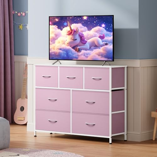 WLIVE 7 Drawer Dresser TV Stand, Entertainment Center, Media Console Table with Metal Frame and Wood Top for TV up to 45 inch, Chest of Drawers for Bedroom, Living Room, A-Pink - color: A-pink