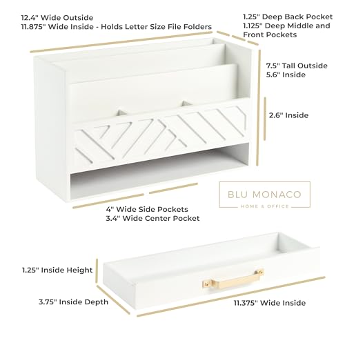 BLU MONACO | White Wooden Desk Organizer & Mail Organizer with Drawer & Gold Handle | Mail Sorter Countertop | 6 Compartments | White Desktop Organizer for Desk - color: White with Gold Handle