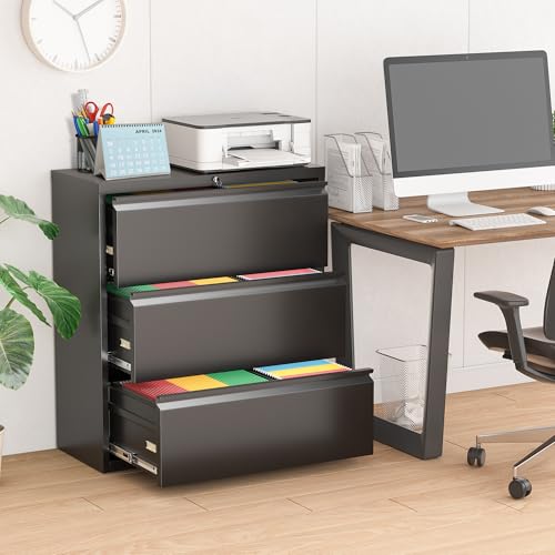 Pataku Metal Lateral File Cabinet with Lock, Steel Lateral Filing Cabinet 3 Drawer, Locking Office Home Wide Organization File Cabinet for Hanging Files Letter/Legal/F4/A4 Size(3Drawer/Black) - color: Black, size: 3 drawer