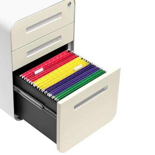 Laura Davidson Furniture Stockpile 3 Drawer File Cabinet with Lock - Under Office Desk Metal Filing Cabinet, Legal/Letter File Folders, Wheels and Stationary Feet, Pre-Assembled, Ivory - color: Ivory