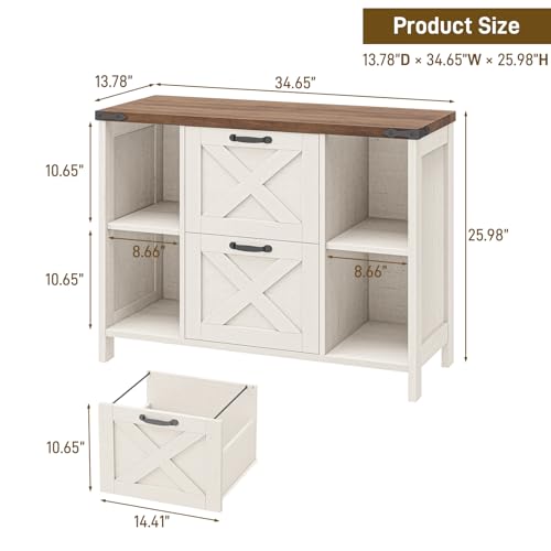 Farmhouse Lateral File Cabinet with 2 Drawers and Shelves, Rustic White | Halitaa Lateral Filing Cabinet Fits Letter or A4 Size, Wood Printer Stand with Open Storage Adjustable Shelf for Home Office - color: Plain White and Brown