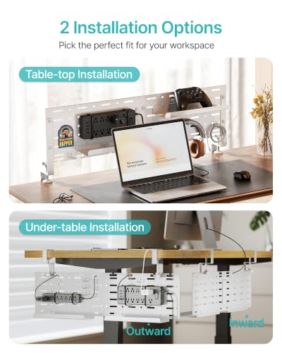 PEGZONE Under Desk Cable Management Tray, 30.2" No-Drill C-Clamp Pegboard - color: White