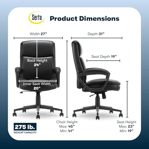 Serta Executive Office Chair with Lumbar Support, Fixed Arms Leather Chair - color: Black Bonded Leather