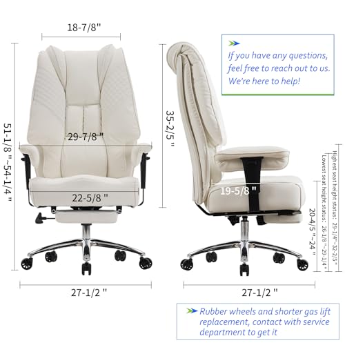 EXCEBET Big and Tall Office Chair 400lbs Wide Seat, Leather High Back Executive Office Chairs with Foot Rest, Ergonomic Lumbar Support for Lower Back Pain Relief (White) - color: Pure White