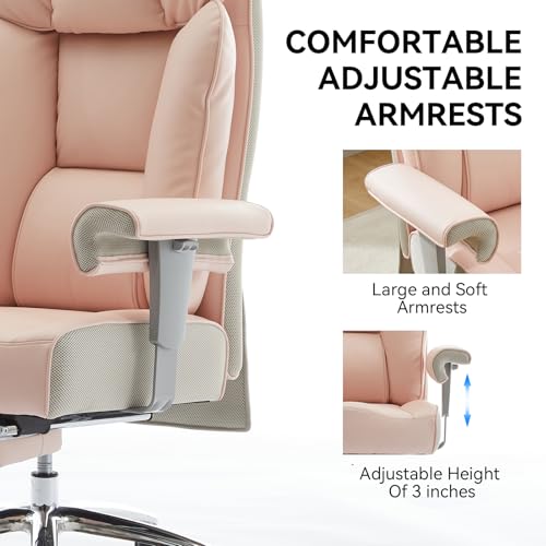 Efomao Big & Tall Pink Executive Office Chair 400lbs, Extra Wide 23.2" PU Leather Desk Chair for Women with Footrest, Pocket Spring & Adjustable Arms for Home Office - color: 3060-pink