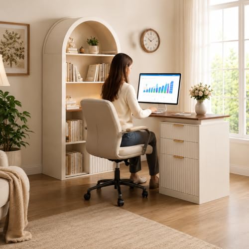 NORTHSKY 61" L Shaped Desk with Arched Hutch, White Corner Computer Desk with Power Outlets, 3 Drawers, File Cabinet and Sliding Door Storage for Home Office