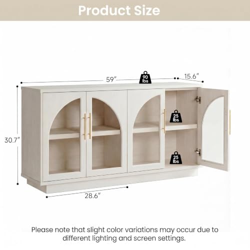 Fatmok 59" Arched Glass Sideboard Buffet Display Cabinet,White Oak - color: B-white Wood Grain