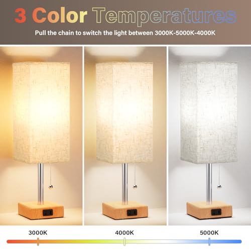 Bedside Lamp for Bedroom Set of 2 - Small Table Lamp for Nightstand | AC Outlet, 3 Color Temperatures, LED Bulb Included, Pull Chain Design, 14" Rectangular Desk Lamp for Dorm/Office, 2-Pack - color: Wood & Cream, size: 14.3In
