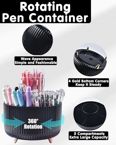 Black Desk Accessories, Office Supplies 360°Pen Holder Desk Organizers, With Tape Dispenser, Stapler, Staple Remover, Ect, Elevate Your Workspace With Sleek Black Sophistication, Back to School - color: Black