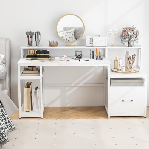 Tangkula Computer Desk with Power Outlets, 66” Computer Workstation with Monitor Stand, CPU Stand, Printer Shelf & File Drawer, Writing Table Gaming Desk for Home Office (White)