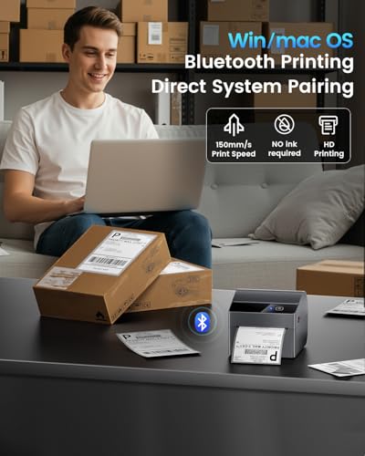 ASprink Bluetooth Shipping Label Printer,Built-in Paper Bin&30Pcs Label - color: Grey