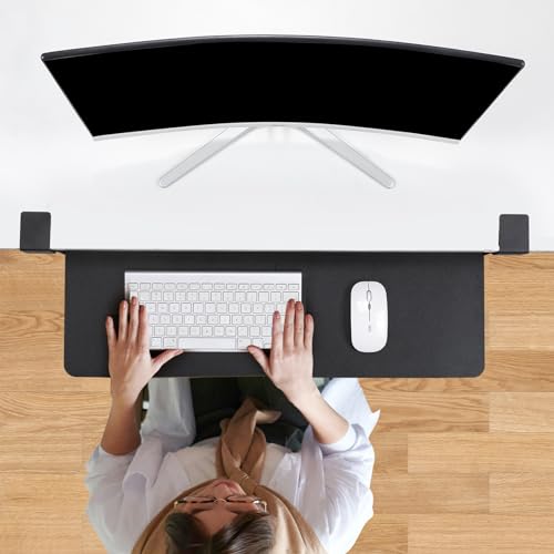 Keyboard Tray Under Desk with Drawer,26.77" X 11.81" Keyboard Tray Large Size with C Clamp-on Mount, Easy to Install, Save Space for Office Desk (Black) - color: Black