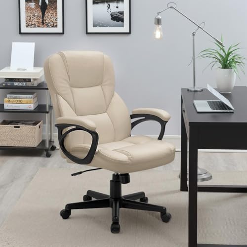 Furmax Office Executive Chair High Back Adjustable Managerial Home Desk Chair, Swivel Computer PU Leather Chair with Lumbar Support (1, Beige) - color: Beige