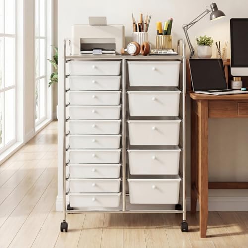 RELAX4LIFE 15-Drawer Rolling Storage Cart - Utility Cart with Metal Frame, Lockable Wheels & Removable Drawers, Multipurpose Art Craft Organizer for Home Office, Classroom (White) - color: White, style: 15 Drawers-38"