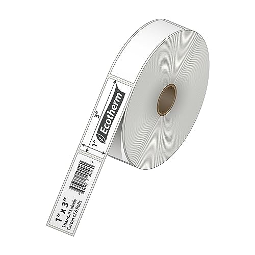 1" x 3" Thermal Labels | 6 Rolls | 5040 Labels | fits Zebra, Godex, Arkscan, iDPRT, Offnova Thermal Label Printers and More | Blank White Adhesive Stickers by Ecotherm - size: 1 x 3 White - 5040 Labels