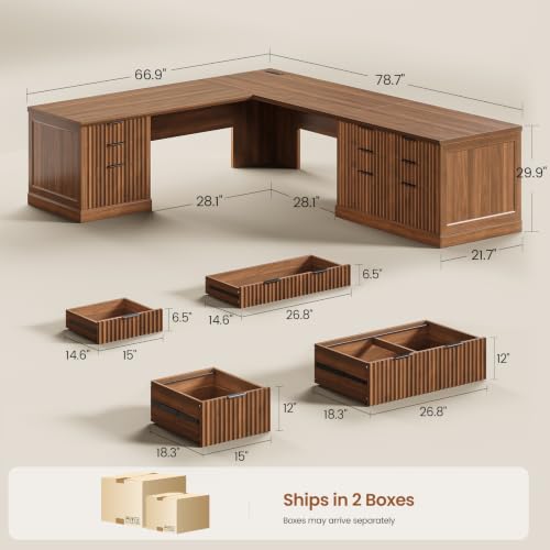 SEDETA Fluted 78.8" L Shaped Desk with 6 Drawers, Fluted Brown | Home Office Desk with Power Outlet, File Cabinet Storage, Wood Corner Computer Desk for Work and Study - color: Fluted Brown, size: 78.8" L Shaped Desk
