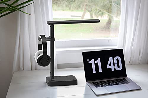 Drevet LED Desk Lamp with Headphone Stand, Desk Light with 1 USB Charging Port and 2 AC Power Outlet, 3 Lighting Modes, 3 Level Brightness,1H Timer, Memory Function, Eye-Caring Gaming Desk Lamp - color: Black3.0 with headphone stand