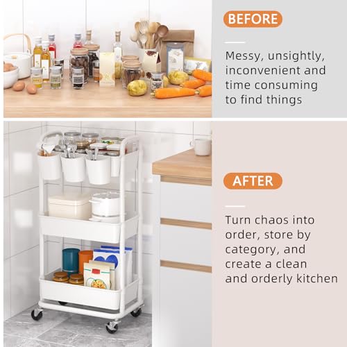 3-Tier Plastic Rolling Storage Cart Utility Cart with Extra Hanging Cups Handles Lockable Wheels for Living Room Bathroom Kitchen Office White | Utility Cart with Extra Hanging Cups Arc-Shaped Handles Lockable Wheels for Living Room Bathroom Kitchen Offic