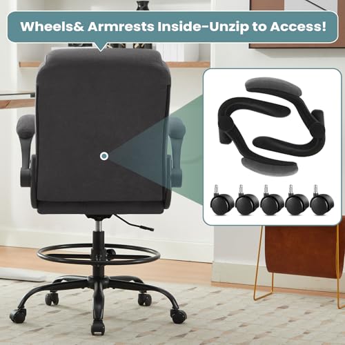 Drafting Chair Tall Office Chair for Standing Desk, Ergonomic Tall Desk Chair with Adjustable Height and Foot Ring, Flip-Up Armrests, Lumbar Support, Breathable Fabric Seat for Home Office and Studio - color: Grey
