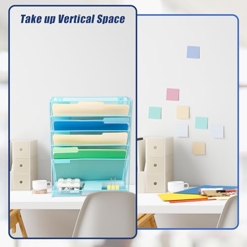 EASEPRES Desk File Organizer Mesh 6-Tier, Hanging Wall Mount Document Organization Stand, Desktop Vertical Mail Paper Folder Holder Rack with Bottom Tray for Office Home Cubicle Countertop, Blue - color: Blue, size: 6 Tier