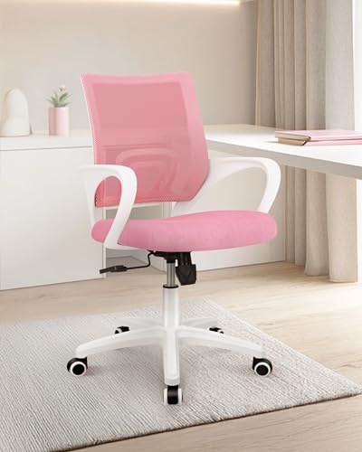 NEO CHAIR Office Computer Chair Ergonomic Mid-Back Mesh Desk Chair, Pink | Breathable Mesh Back with Lumbar Support, Height Adjustment, Smooth Rolling Casters for Home Office, Study or Gaming Setup - color: Pink-fabric