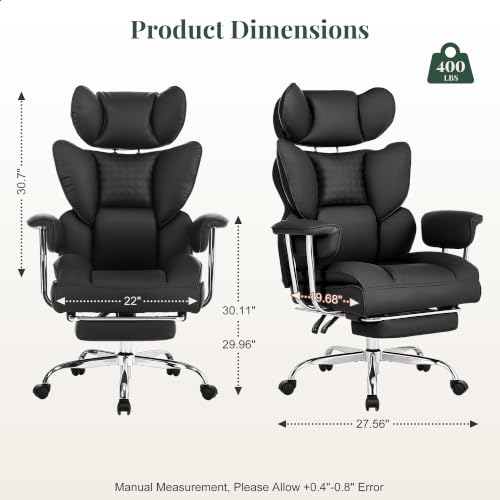 Big and Tall Office Chair 400 LBS, for Adults, Home Office | PU Leather, Executive Ergonomic Desk Chair with Footrest, Lumbar Support, Wide Seat ,Reclining, Black - color: Black, size: Fix Armrest