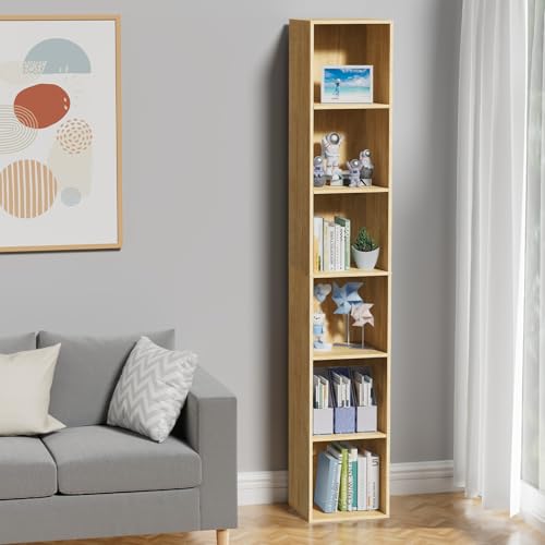 6 Tier Bookshelf, Open Tall Narrow Floor Standing Bookcase, Storage Organizer Bookshelves Freestanding Book Shelf for Living Room, Bedroom, Home Office (Oak, 6 Cube) - color: Oak, size: 6-Cube