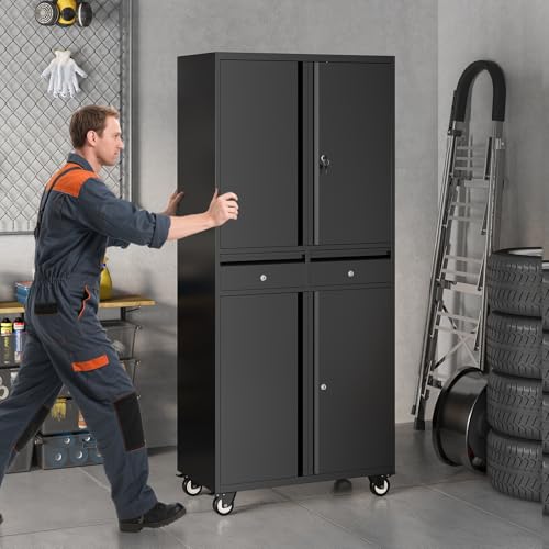 Metal Garage Storage Cabinet with 4 Wheels and 2 Drawers, 72" Heavy Duty Rolling Tool Storage Cabinet Organizer, Locking Doors and Adjustable Shelves for Garage, Workshop, Office, Warehouse
