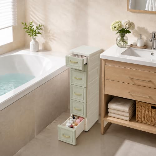 Slim Storage Cabinet with 6 Drawers, Mobile PP Plastic Organizer Rolling Tower, 7.1" Narrow Bathroom Kitchen Laundry Shelf, Embossed Green, Easy Assembly, Modern Space Saving (Green) - color: Green