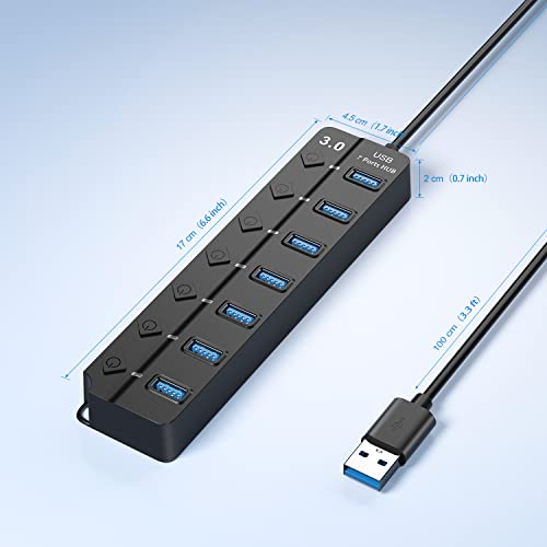USB Hub 7 Port, USB Splitter with Individual On/Off Switches and Lights. - color: Black