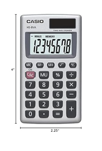 Casio HS-8VA Mini 6-Function Calculator | Large 8-Digit LCD Display | Solar Powered with Battery Backup - Standard Function - Portable Pocket Size, (Pack of 2) - size: 1 Count (Pack of 2)