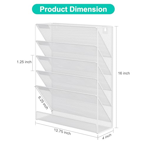 EasyPAG 5 Tier Wall File Holder, Mesh Hanging Folder Organizer with Classify Label, Versatile Desk File Holder, Vertical Wall Mounted Mail Organizer for Office Home Cubicle, White - color: White