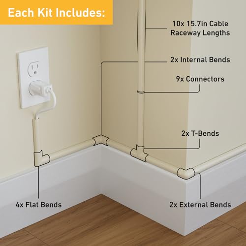 D-Line 157in Cord Cover Kit, Self-Adhesive Wire Hiders, Paintable Cable Raceway to Hide Wires on Wall, Electrical Cable Management - 10x 15.7 Lengths & 19 Accessories - 1.18" (W) x 0.59" (H) - Beige - color: Beige, size: 1.18in (W) x 0.59in (H)