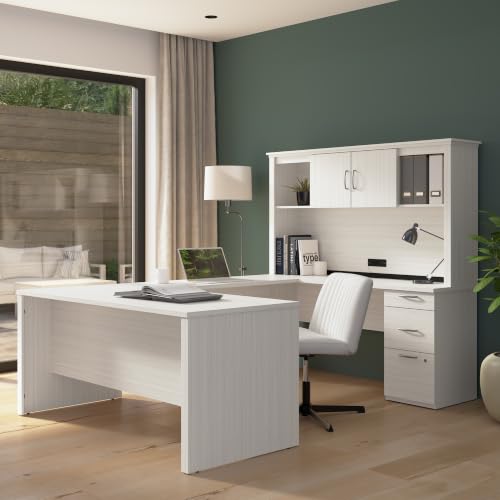 Bestar U or L Shaped Desk with Hutch & Drawers, White Chocolate, Logan, 66W | With Pedestal and Hutch; The Bestar Logan U or L Shaped Desk with Drawers and Hutch offers a customizable solution - color: White Chocolate